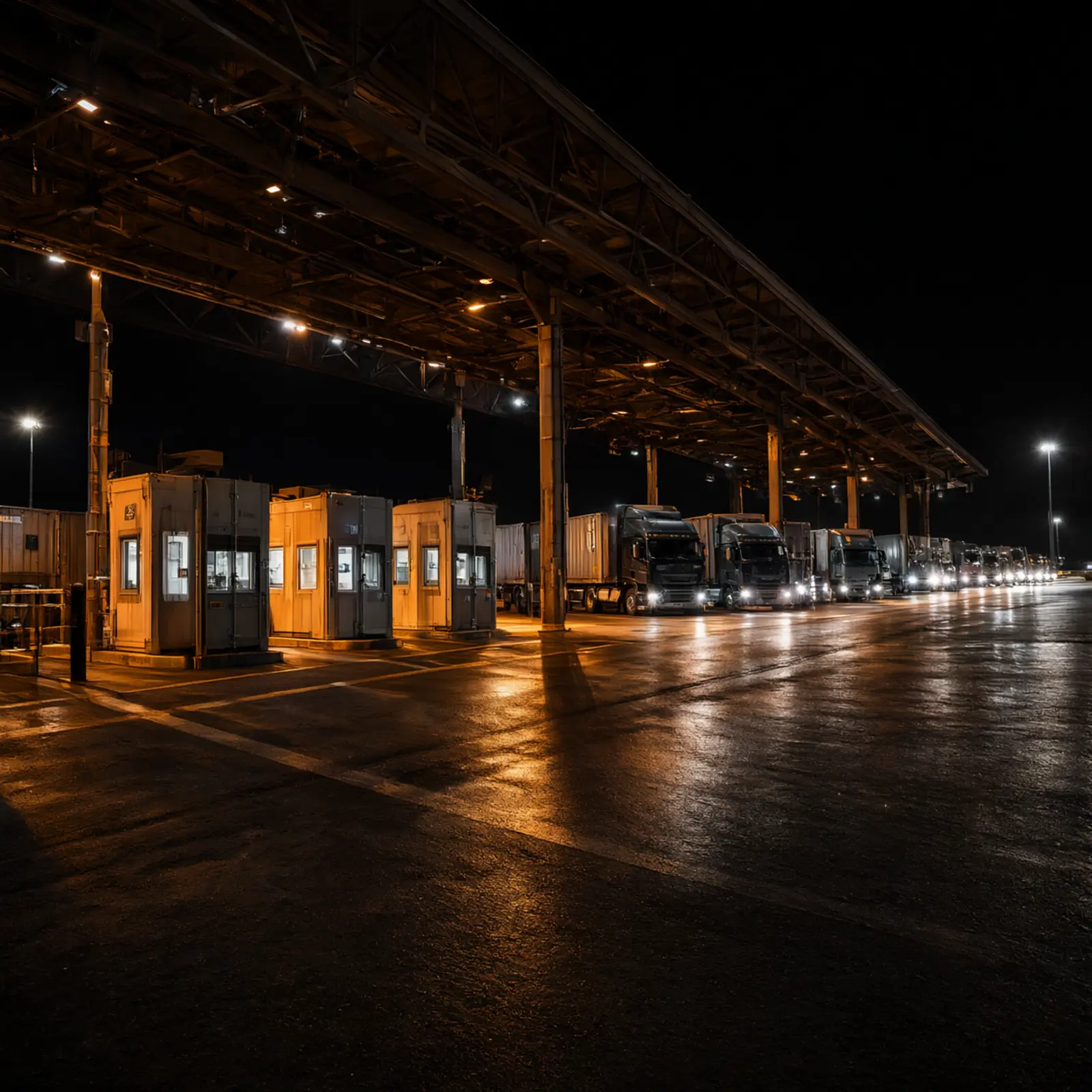 A tractor-trailer running a highway lane at night, city lights on the horizon