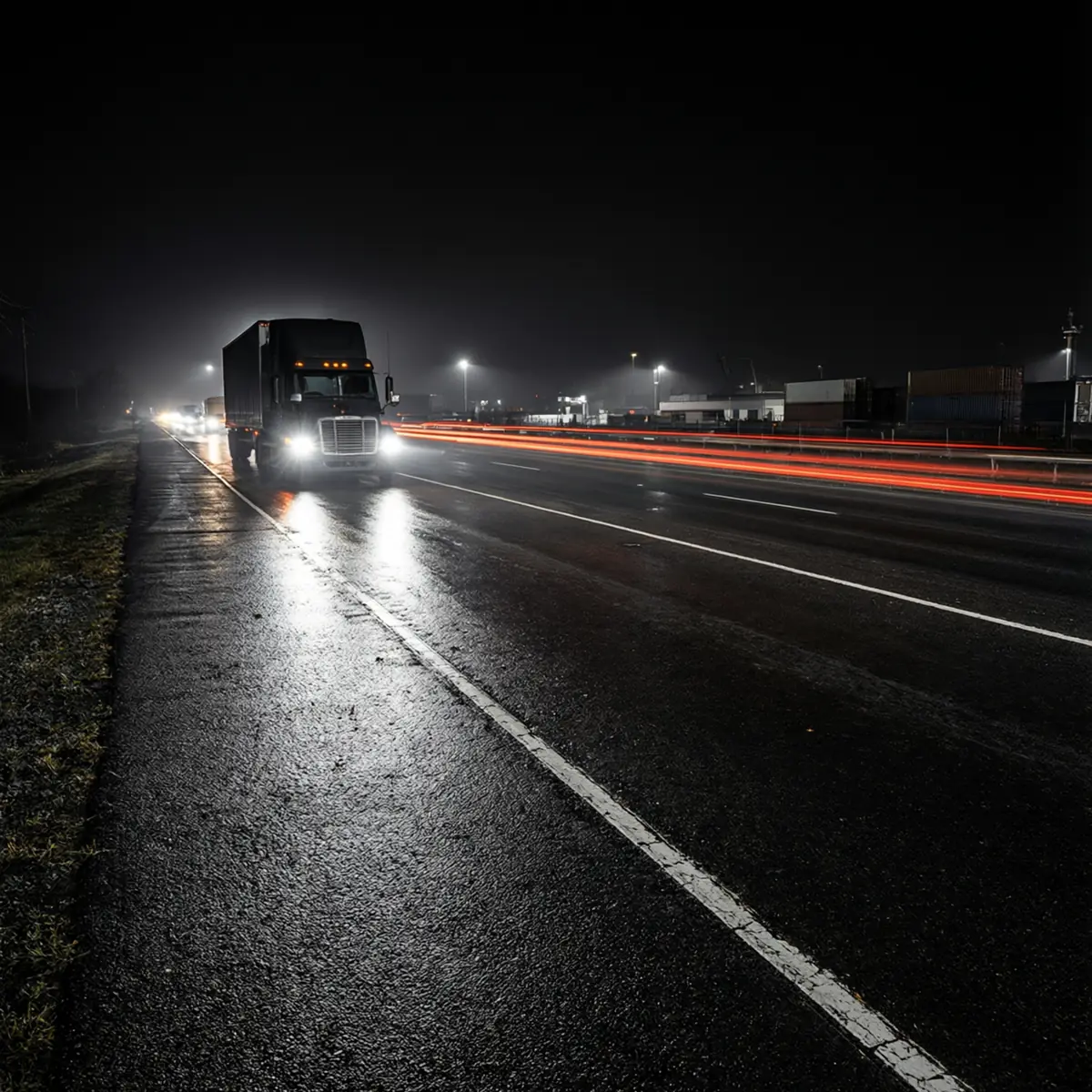 Tractor-trailer on a North American highway at night.